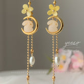 Moon Bunny Blossom Earrings - Celestial rabbit Pearl Earrings - Japanese gold Osmanthus Floral Earring